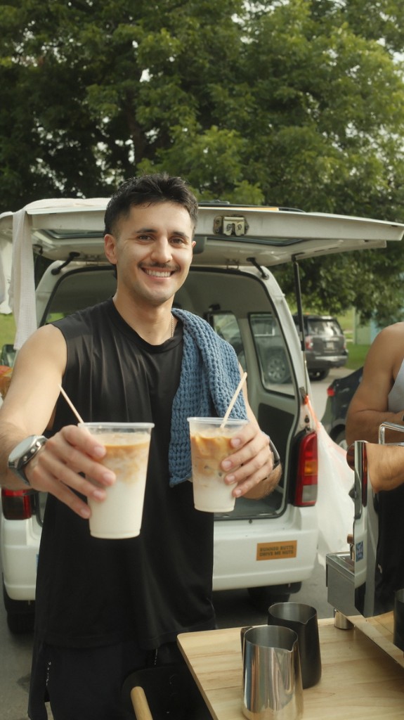 Serving iced lattes from the hatch